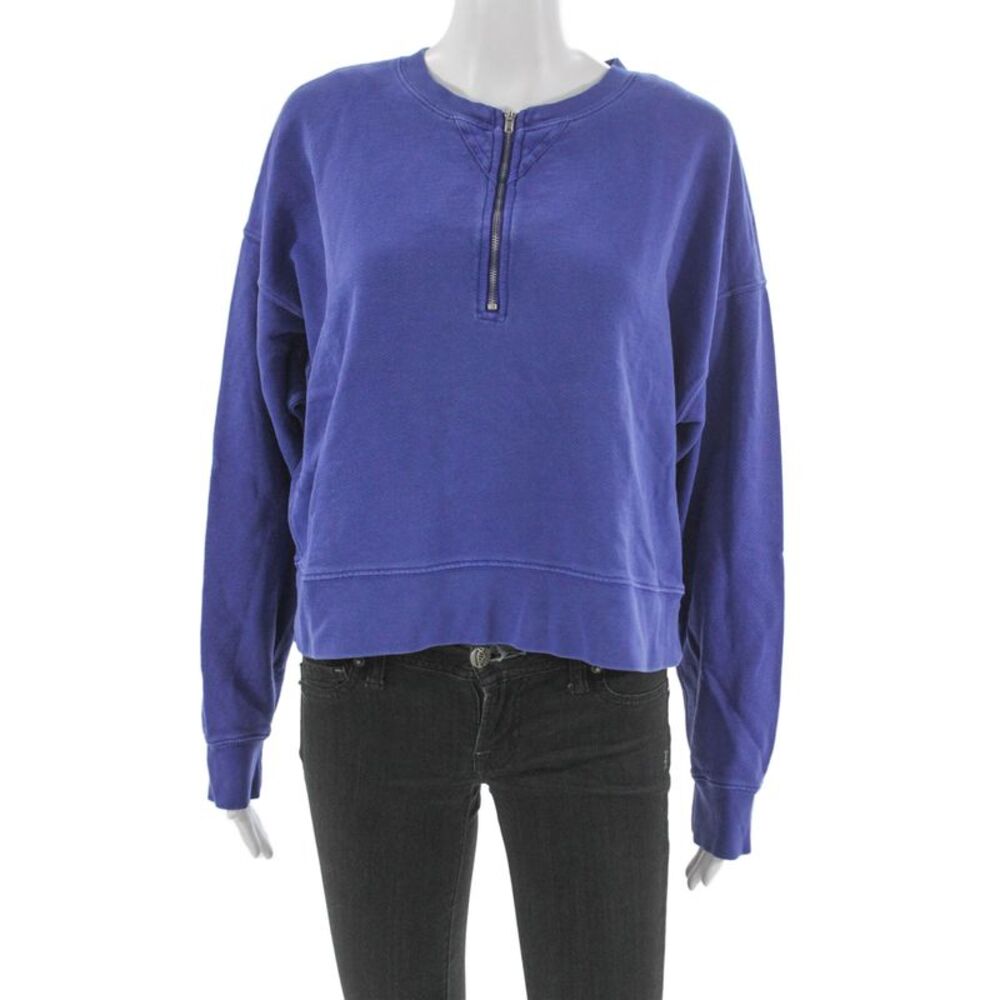 Amo Women Blue Pima Cotton Pullover Sweatshirt Crew Neck Long Sleeve Size M